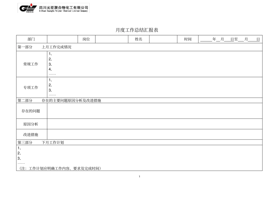 完整版月度工作总结汇报表模版_第1页