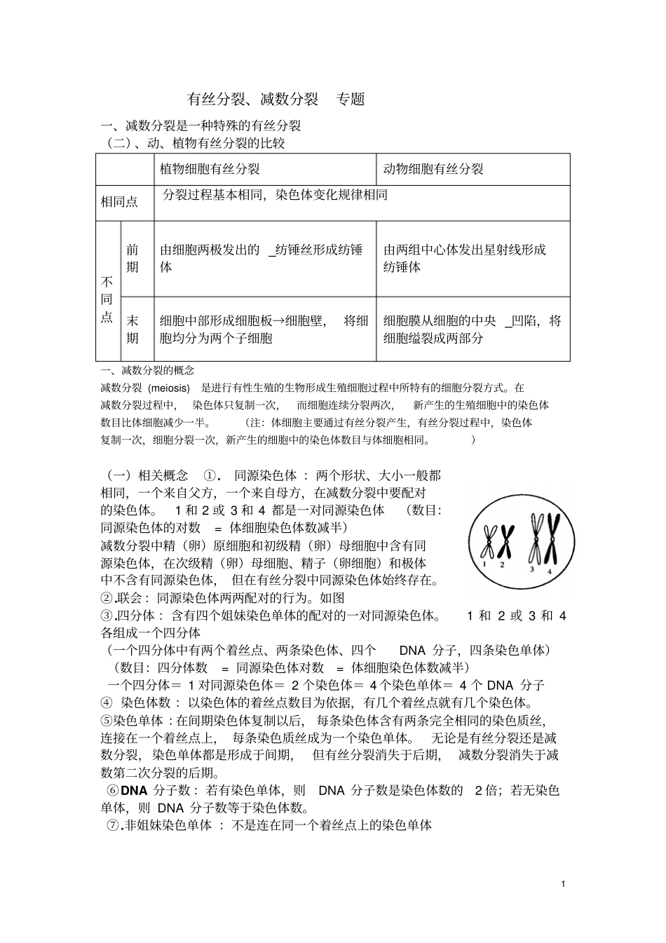 完整版有丝分裂与减数分裂知识点整理高考专题总结完美版_第1页