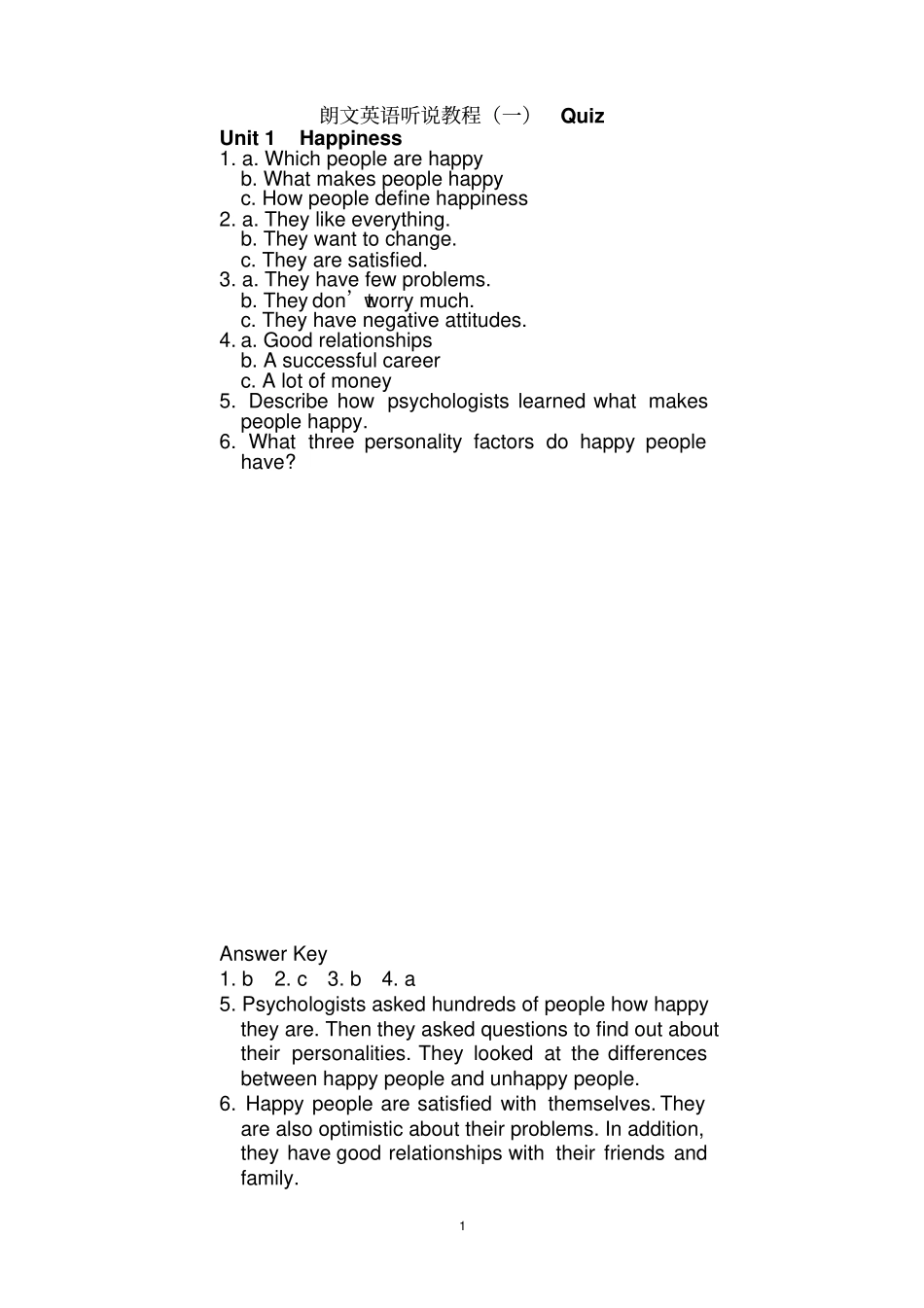 完整版朗文听说教程1听力题目且包含答案_第1页