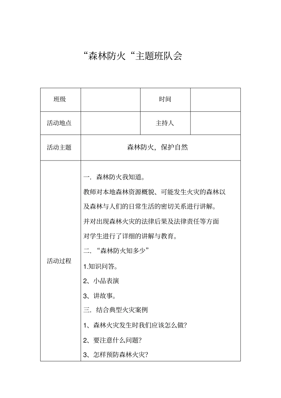 完整版森林防火主题班会记录_第1页