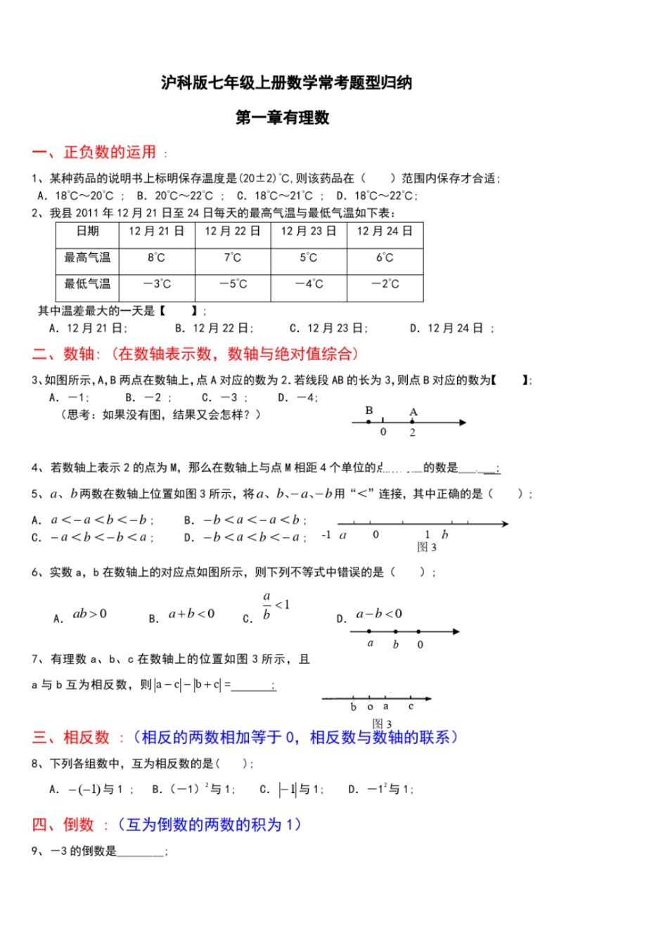 完整版沪科版七年级上册数学期末复习习题集_第1页
