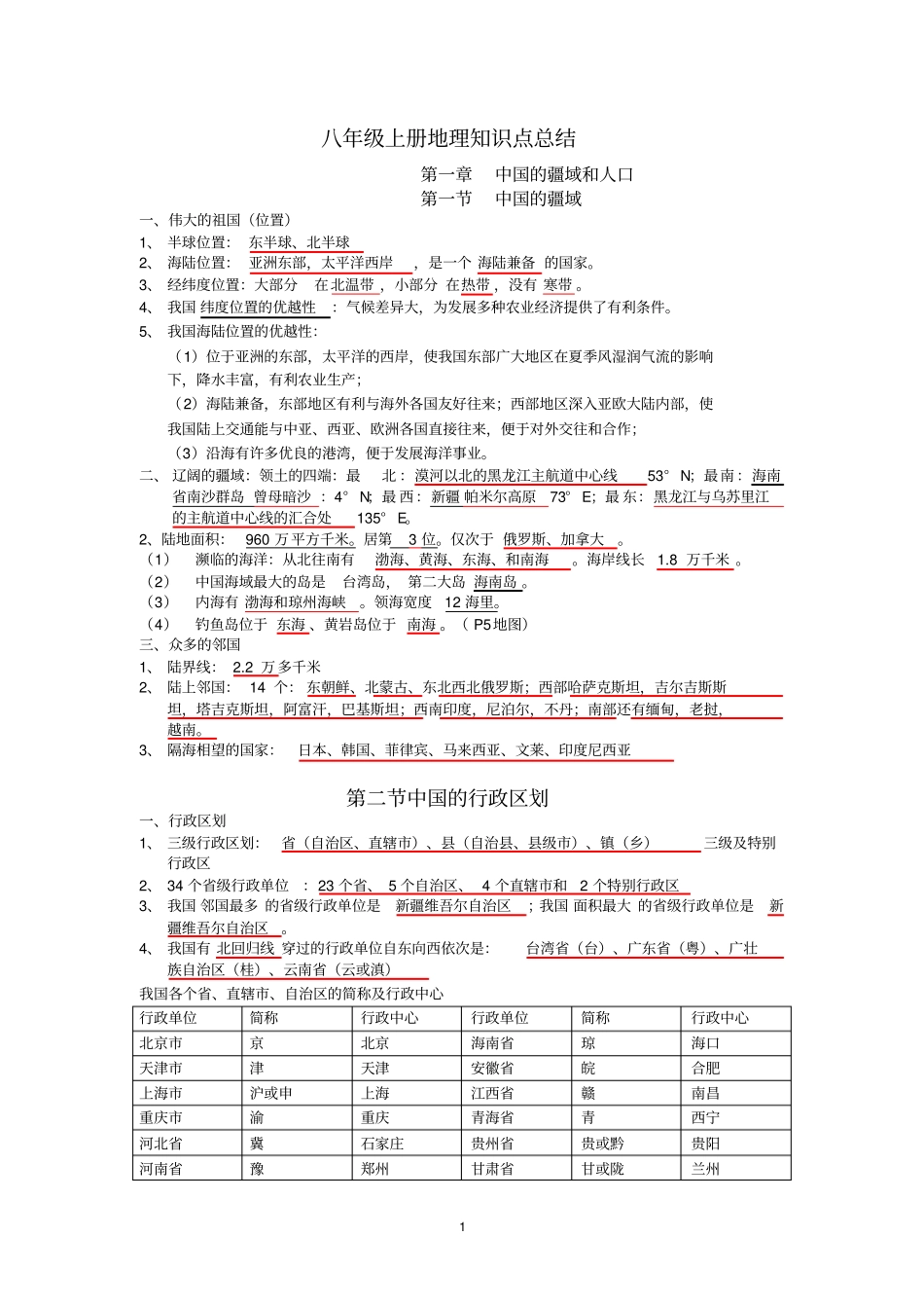 完整版湘教版版八年级上册地理知识点总结文档良心出品_第1页