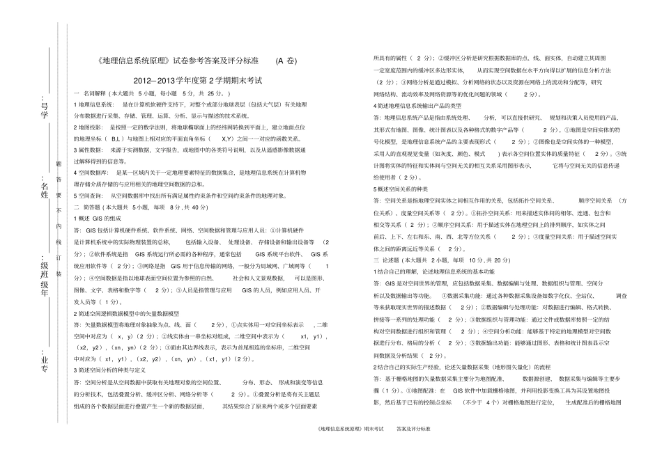 完整版滁州学院-地理信息系统原理A试卷答案_第1页