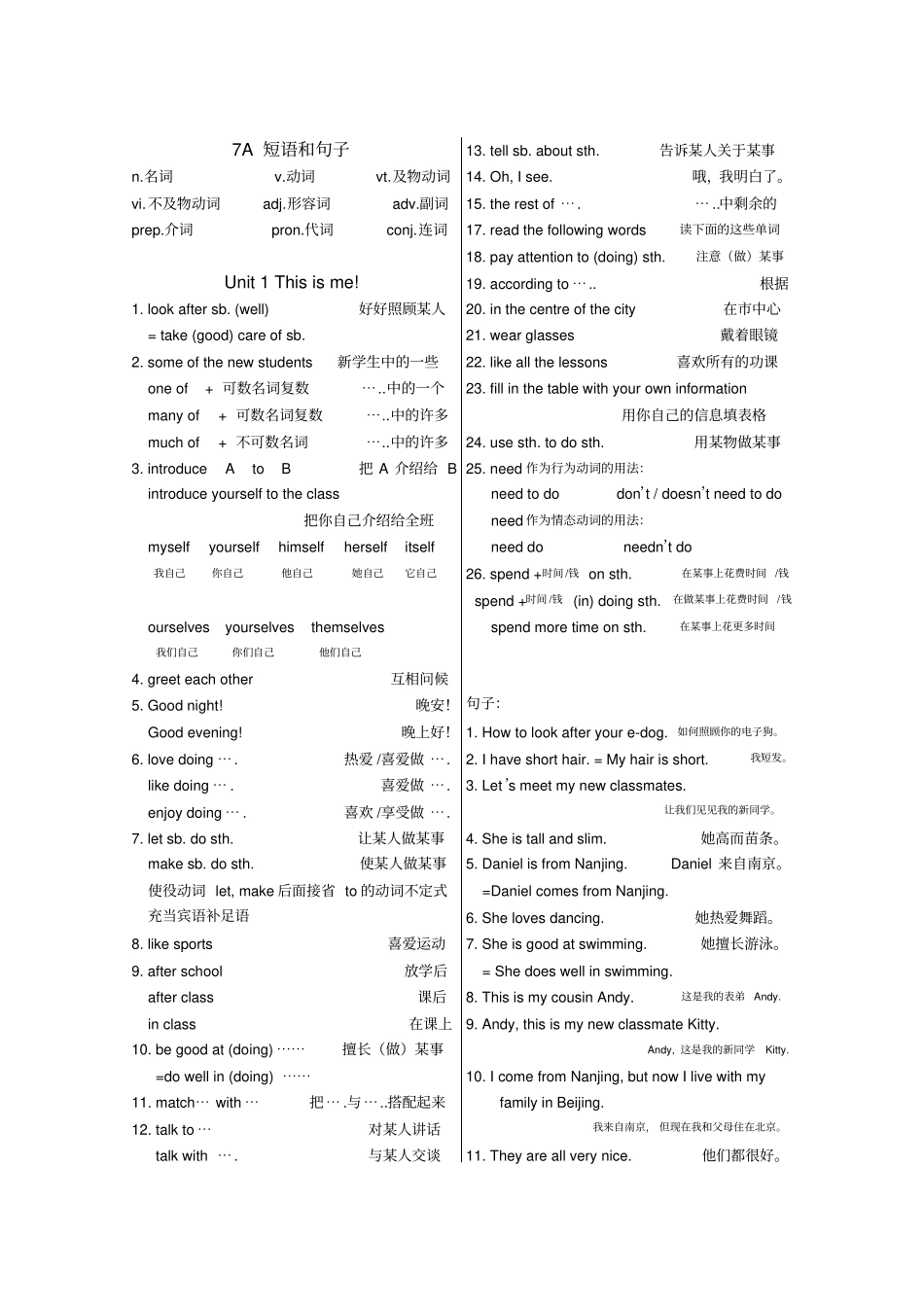 完整版牛津译林七年级上重点短语和句型_第1页