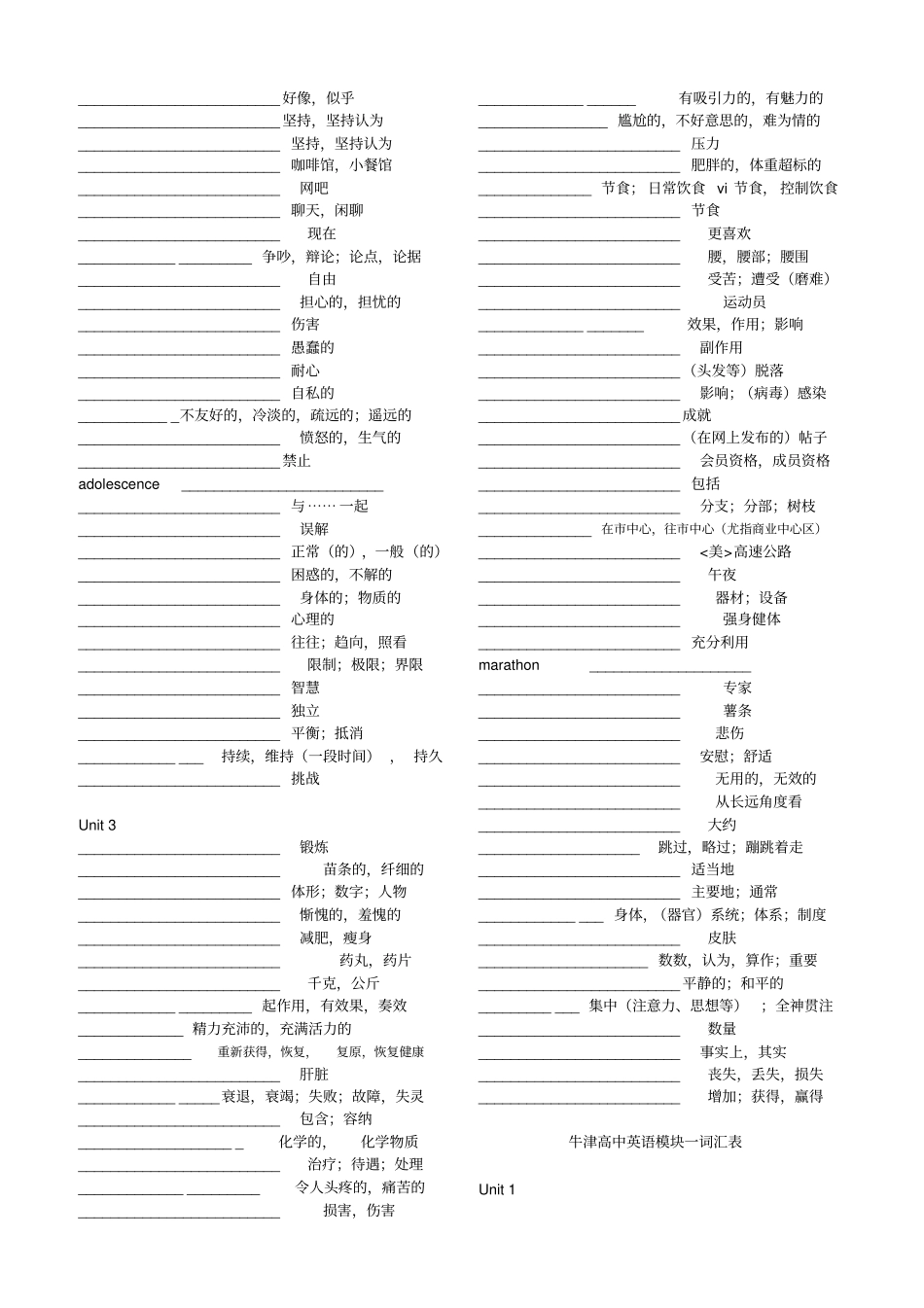 完整版牛津译林版高中英语模块一词汇表及默写表文档良心出品_第2页