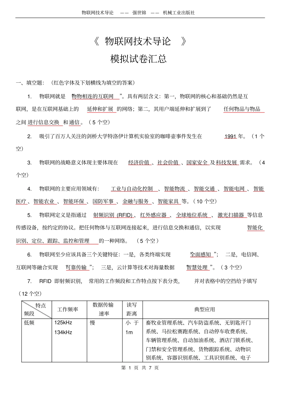 完整版物联网技术导论模拟试题汇总含答案_第1页