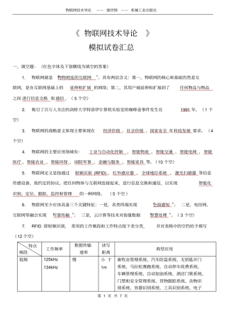 完整版物联网技术导论模拟试题汇总含答案