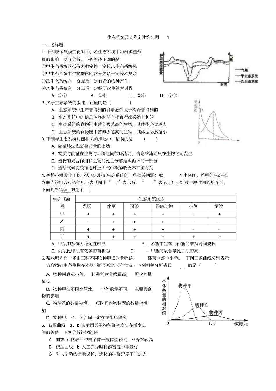 完整版生态系统及其稳定性练习题1_第1页