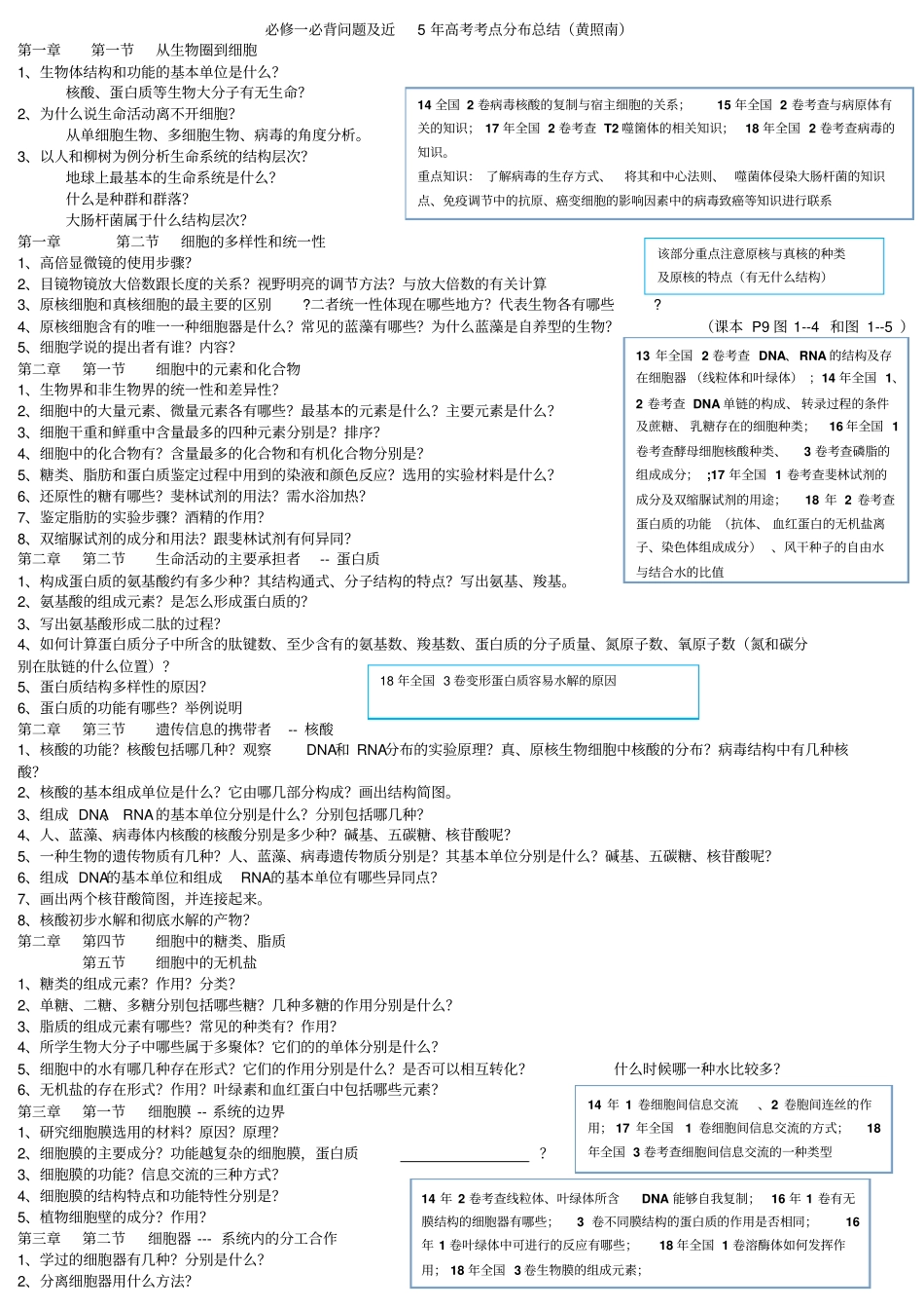 完整版生物必修一必背问题及近5年全国卷高考考点分析_第1页