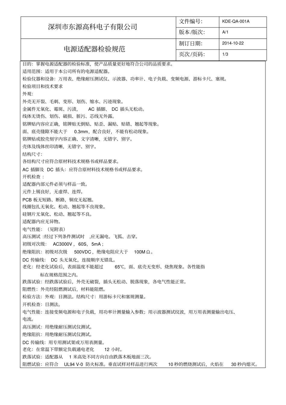 完整版电源适配器检验规范_第1页