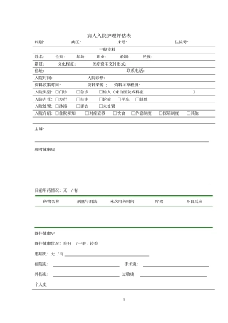 完整版病人入院护理评价表1