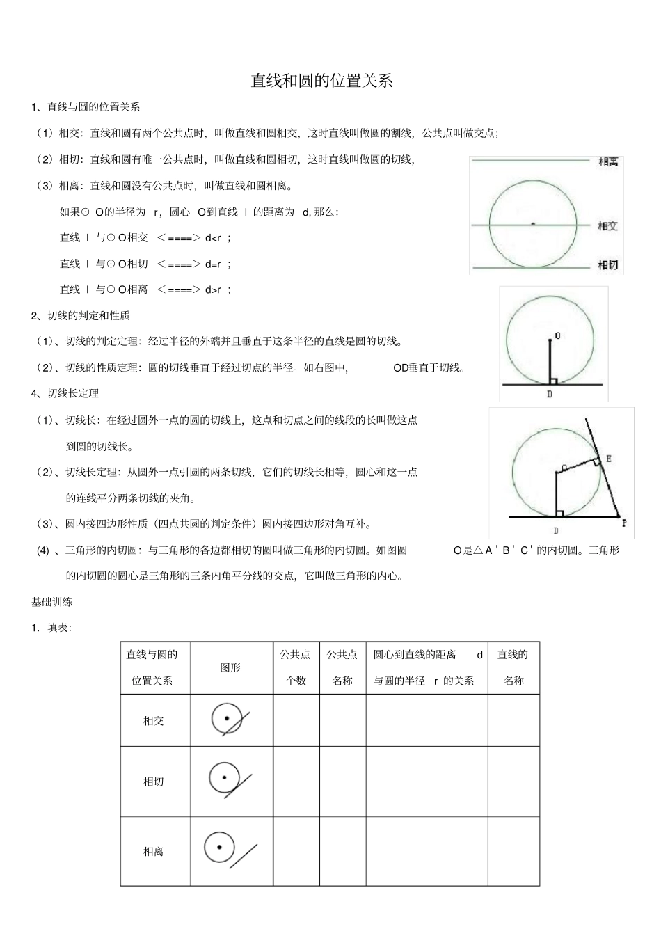 完整版直线与圆的位置关系知识点及习题,推荐文档_第1页