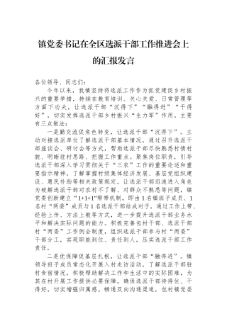 镇党委书记在全区选派干部工作推进会上的汇报发言