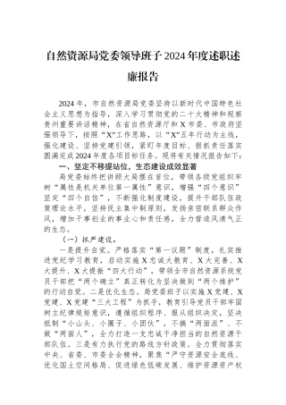 自然资源局党委领导班子2024年度述职述廉报告
