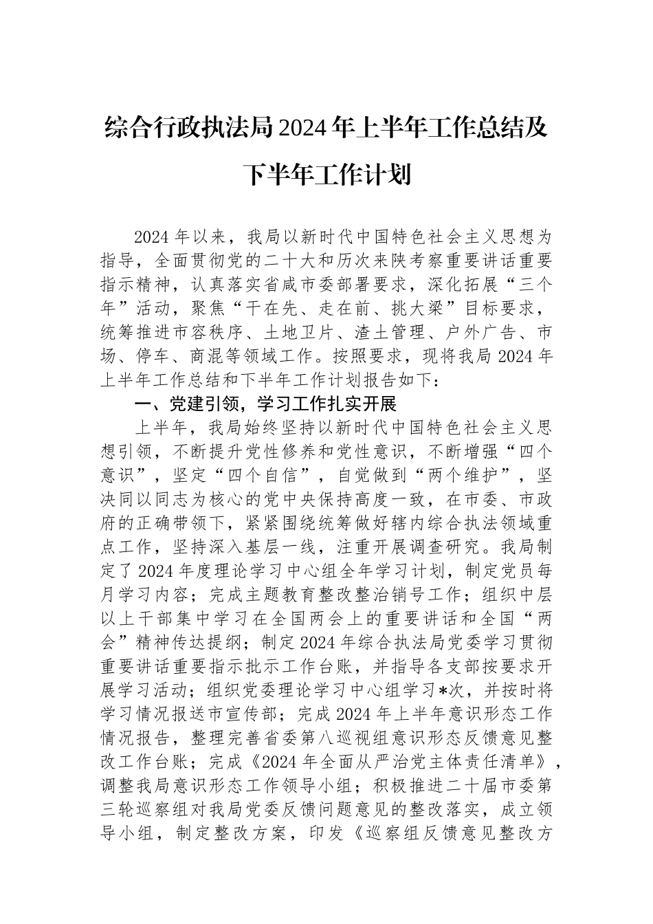 综合行政执法局2024年上半年工作总结及下半年工作计划_第1页