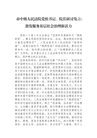 市中级人民法院党组书记、院长研讨发言：激发服务基层社会治理新活力