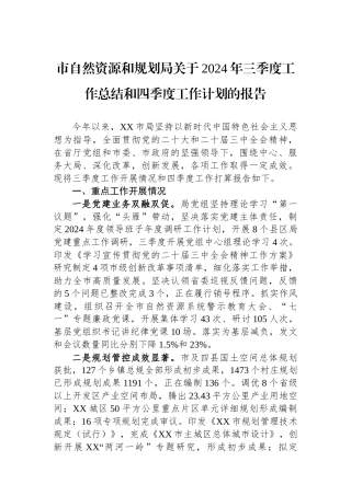 市自然资源和规划局关于2024年三季度工作总结和四季度工作计划的报告