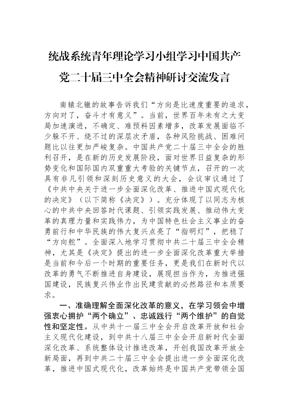 统战系统青年理论学习小组学习中国共产党二十届三中全会精神研讨交流发言_第1页
