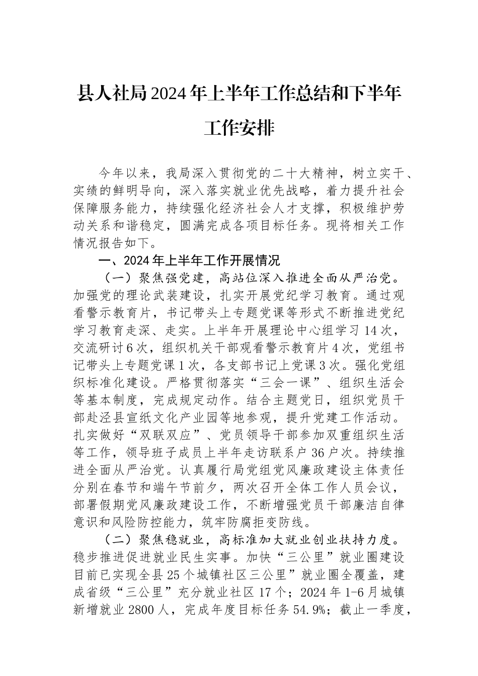 县人社局2024年上半年工作总结和下半年工作安排_第1页