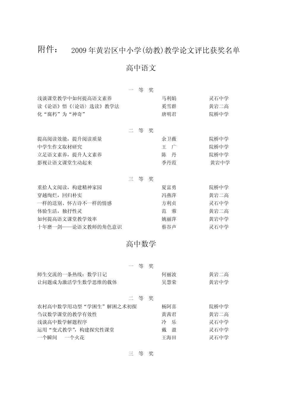 2009年黄岩区中小学(幼教)教学论文评比获奖名单_第1页