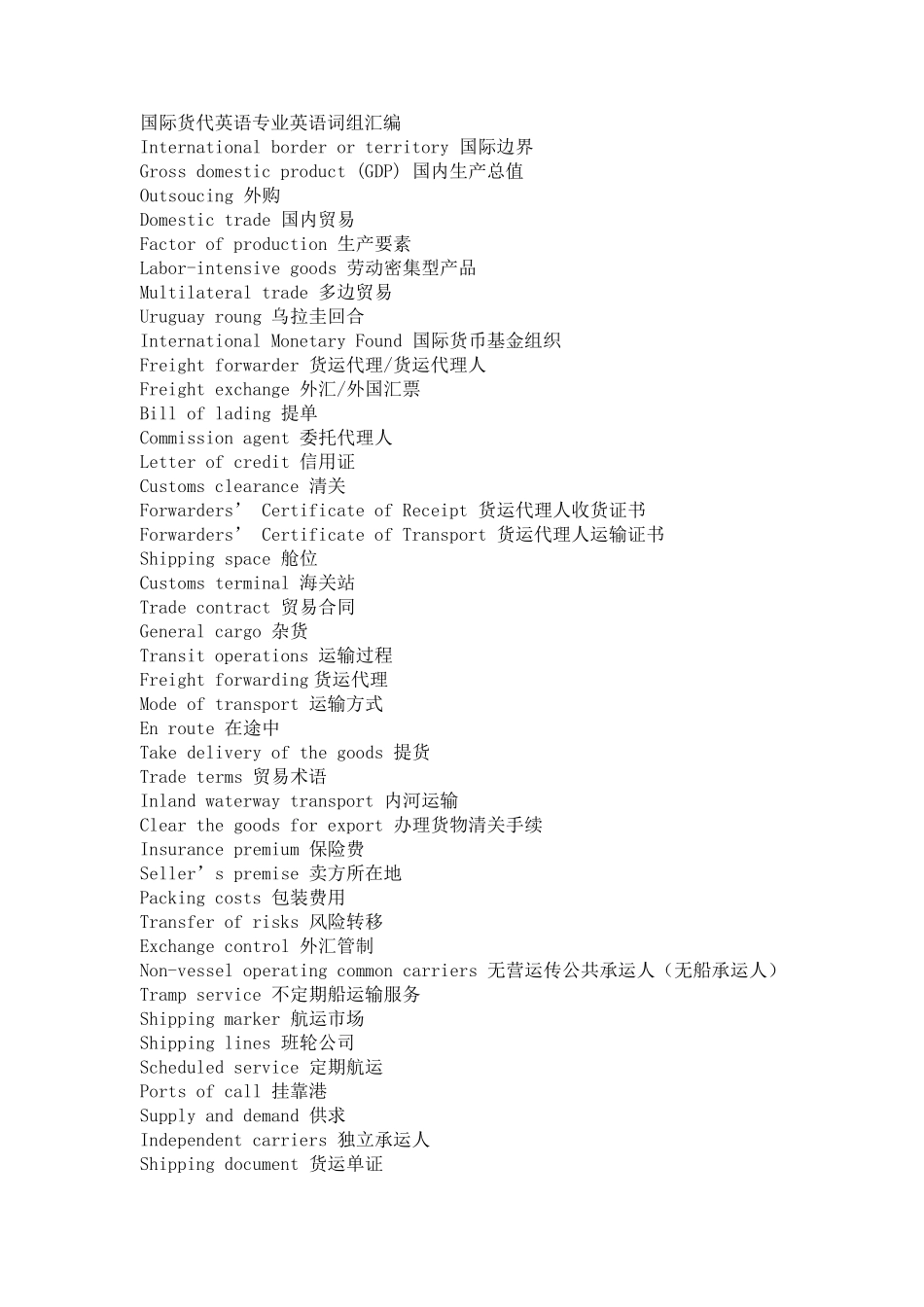 国际货代英语专业英语词组汇编_第1页
