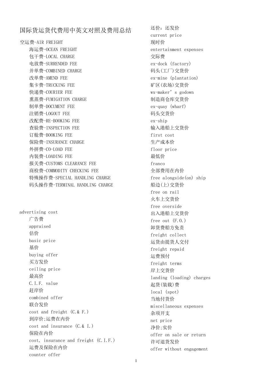 国际货运货代费用中英文详细说明_第1页