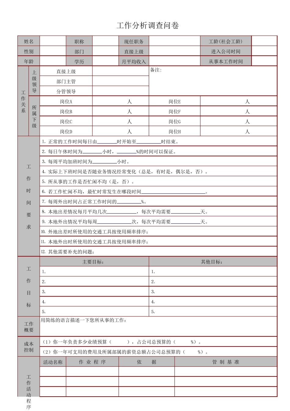 工作分析调查问卷(完整全面)_第1页