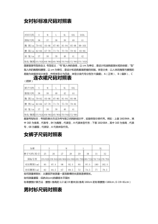 工作服尺码对照表