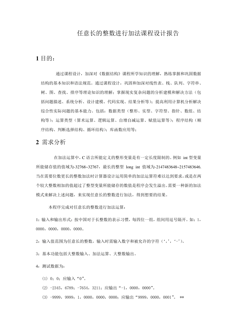 数据结构程序设计任意长的整数进行加法_第1页