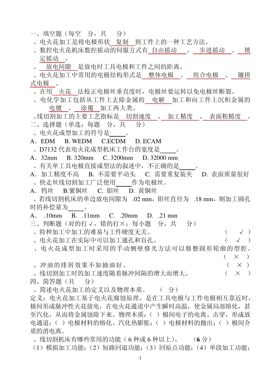 数控特种加工考试题及答案_第1页