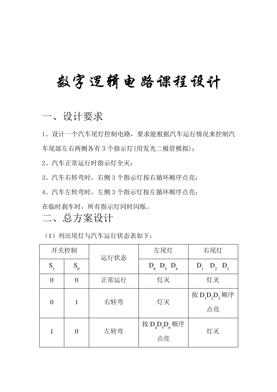 数电课程设计报告汽车尾灯控制电路设计_第1页