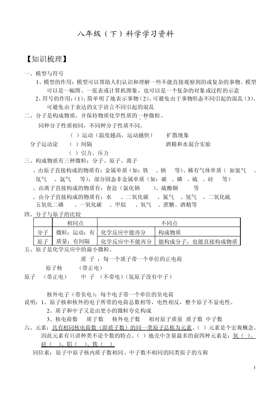 浙教版八下科学复习提纲_第1页