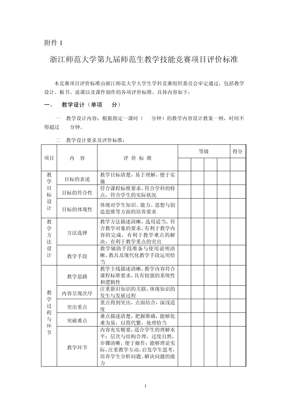 浙江师范大学第九届师范生教学技能竞赛项目评价标准_第1页