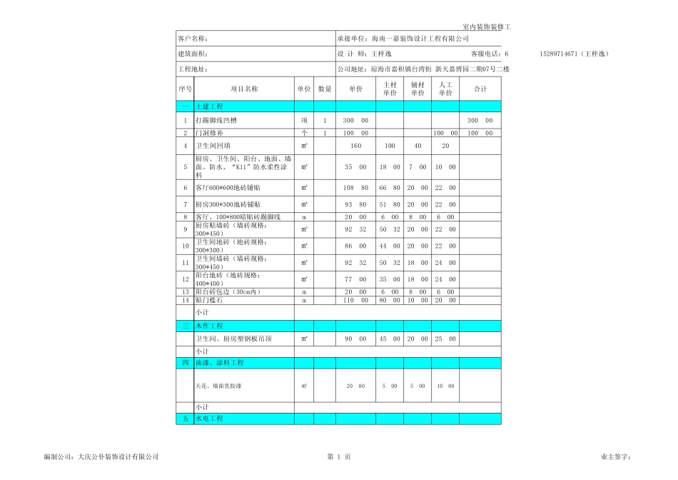 海南一嘉装饰公司预算单_第1页