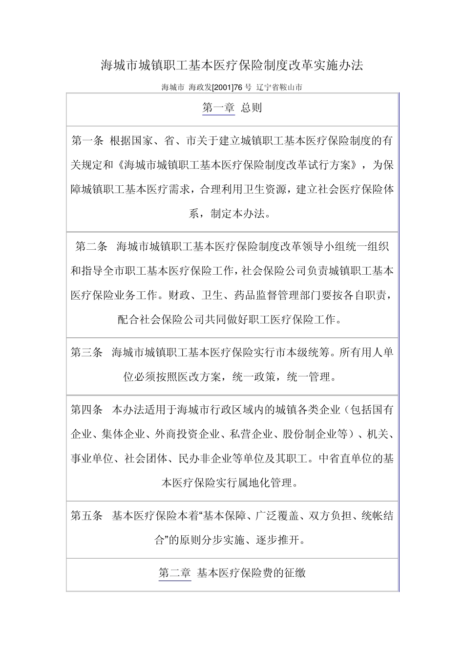 海城市城镇职工基本医疗保险制度改革实施办法_第1页