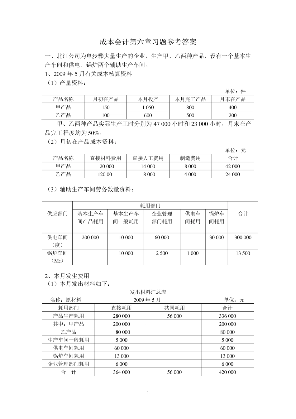 第六章品种法习题答案_第1页