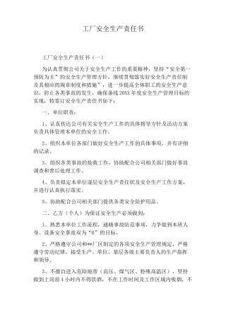 工厂安全生产责任书