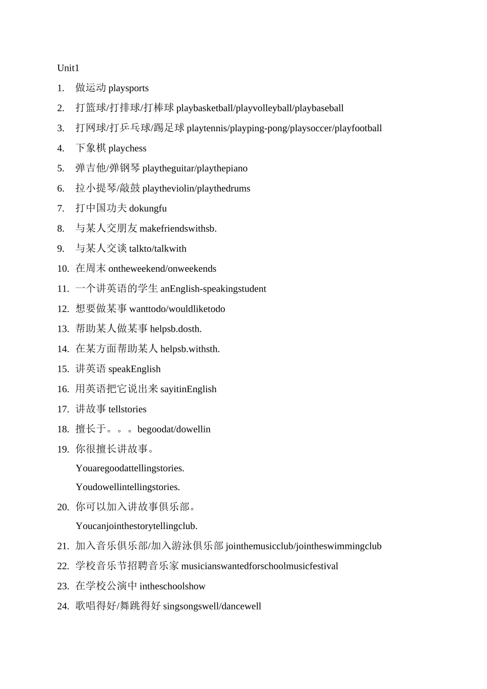 人教版七下英语短语Unit1~12(中译英)(缺unit5)_第1页