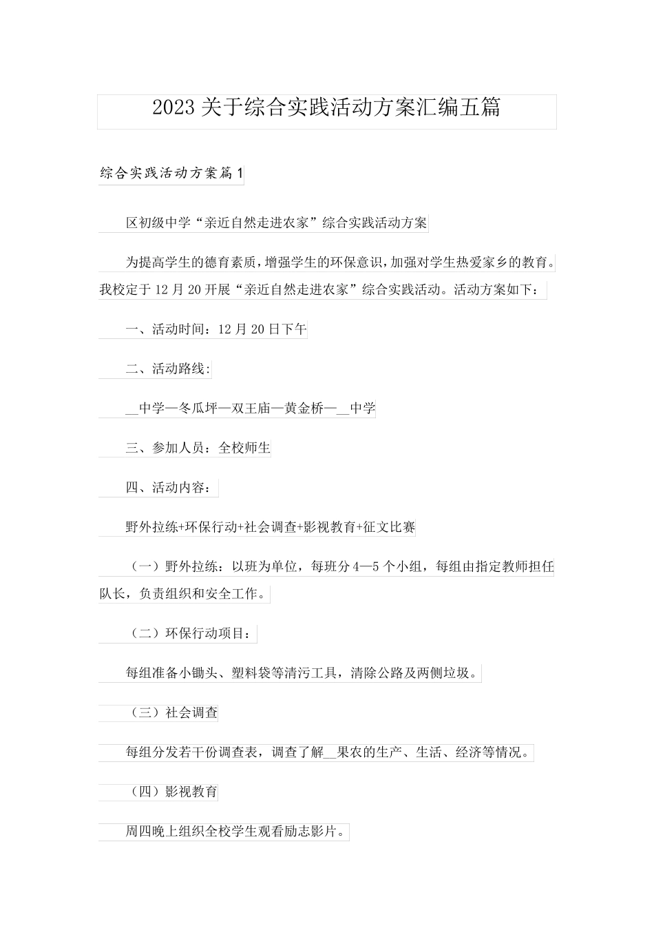 2023关于综合实践活动方案汇编五篇_第1页