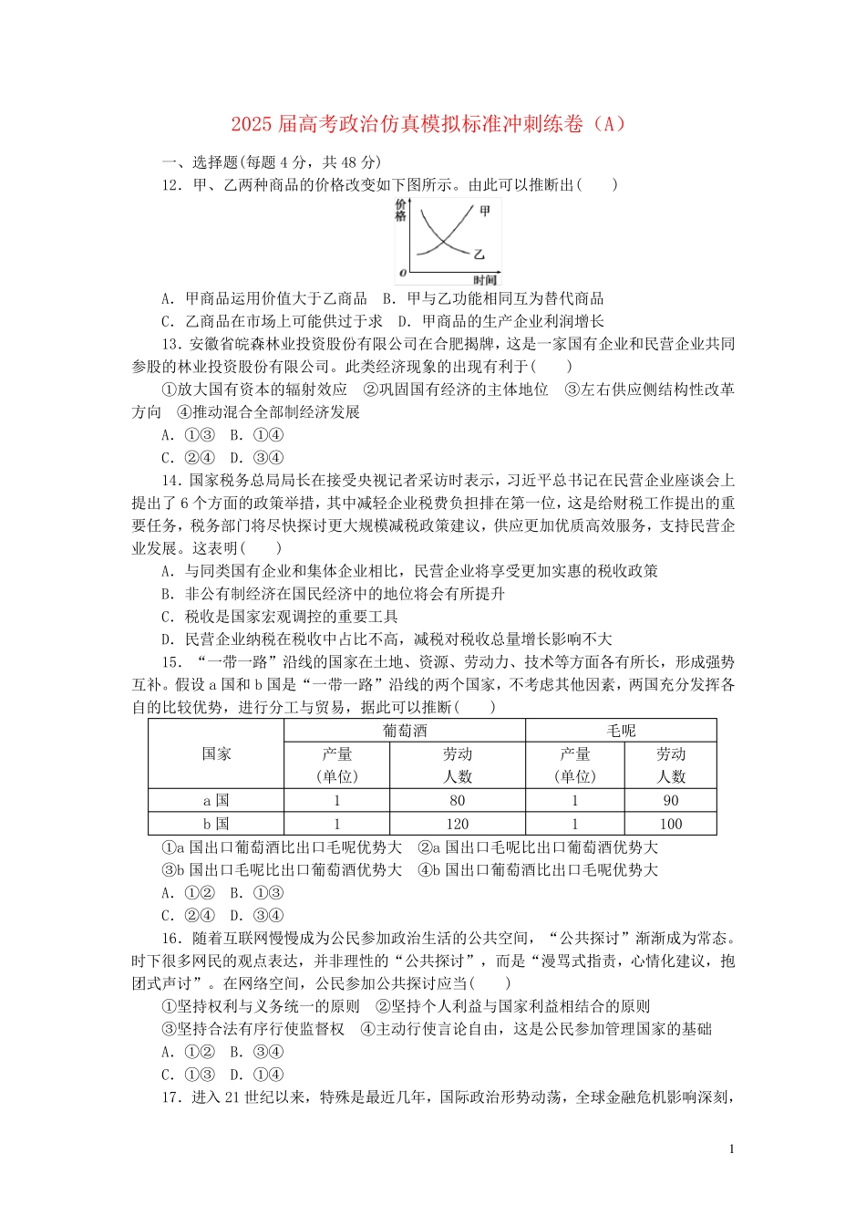 2025届高考政治仿真模拟标准冲刺练卷A_第1页