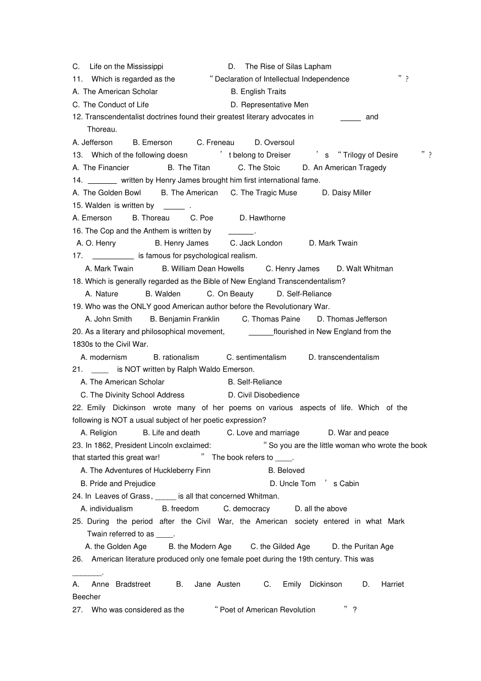 完整版美国文学史及选读练习题_第3页