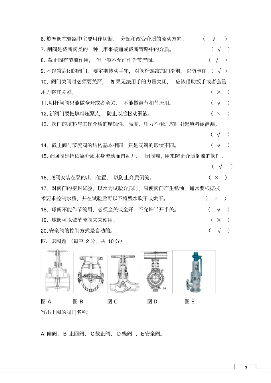 完整版阀门基础知识测试题及答案工艺_第3页
