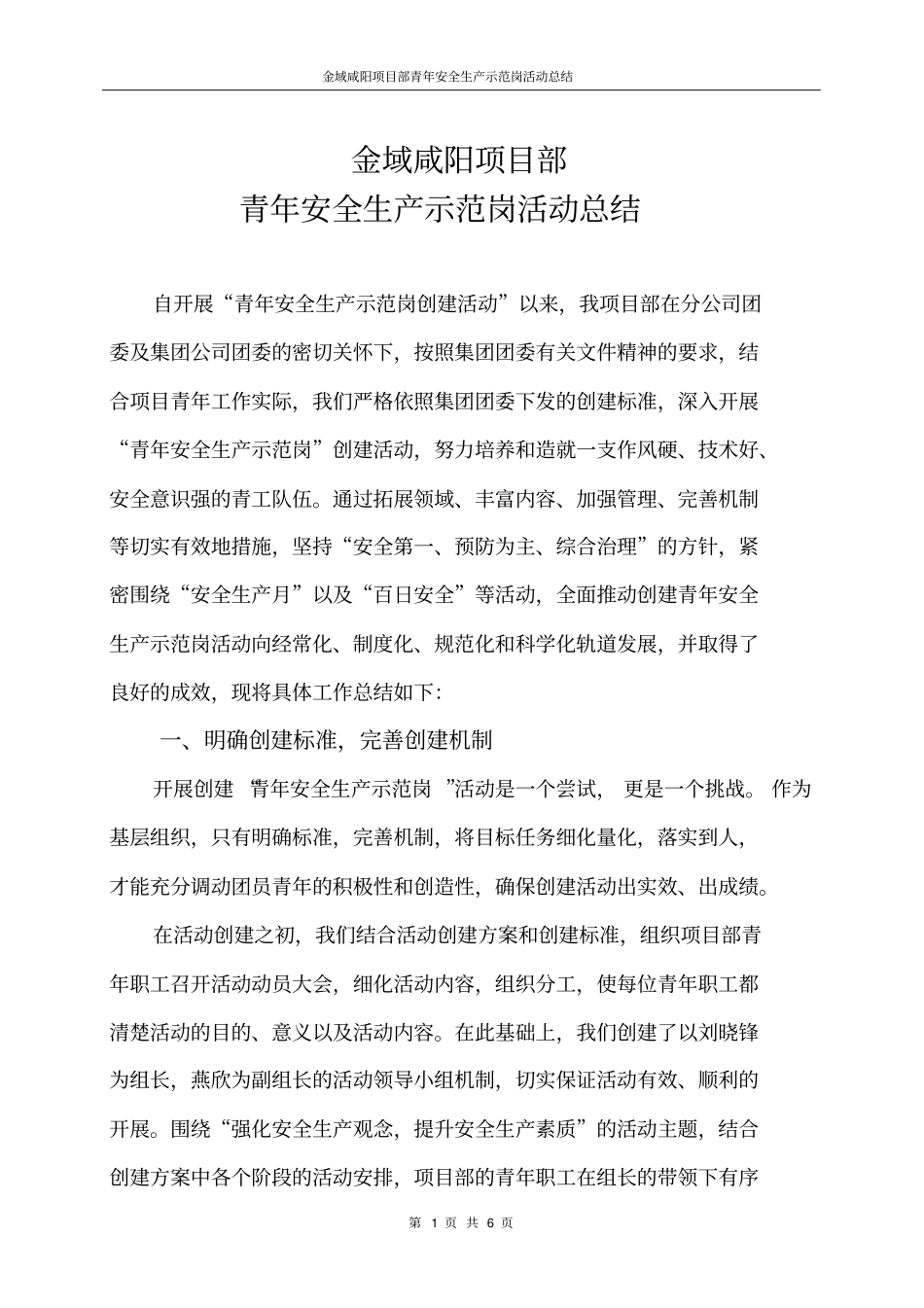 完整青年安全生产示范岗总结,推荐文档_第1页