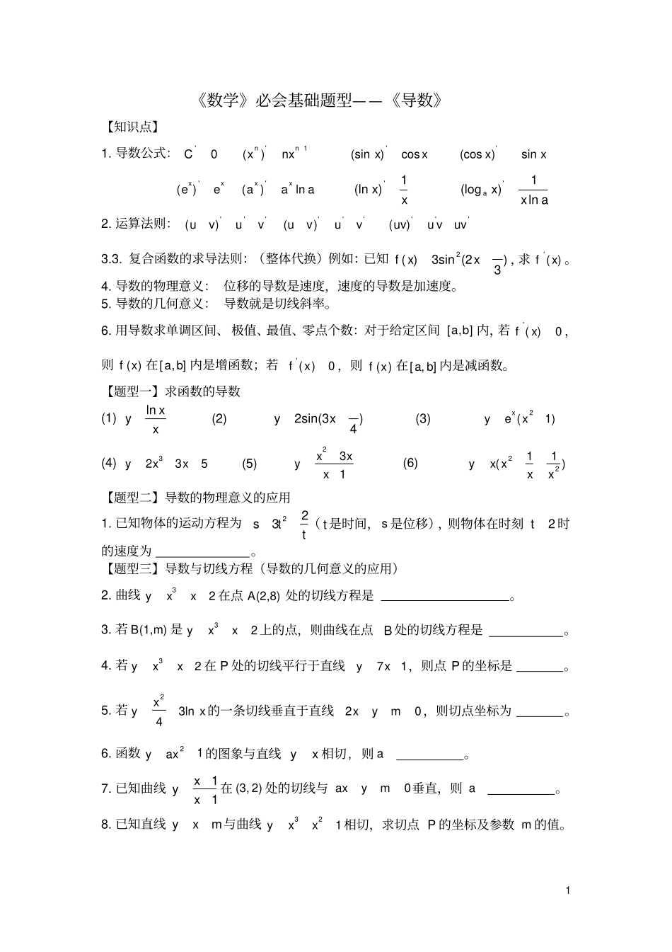 完整高中数学必会基础练习题__导数_第1页