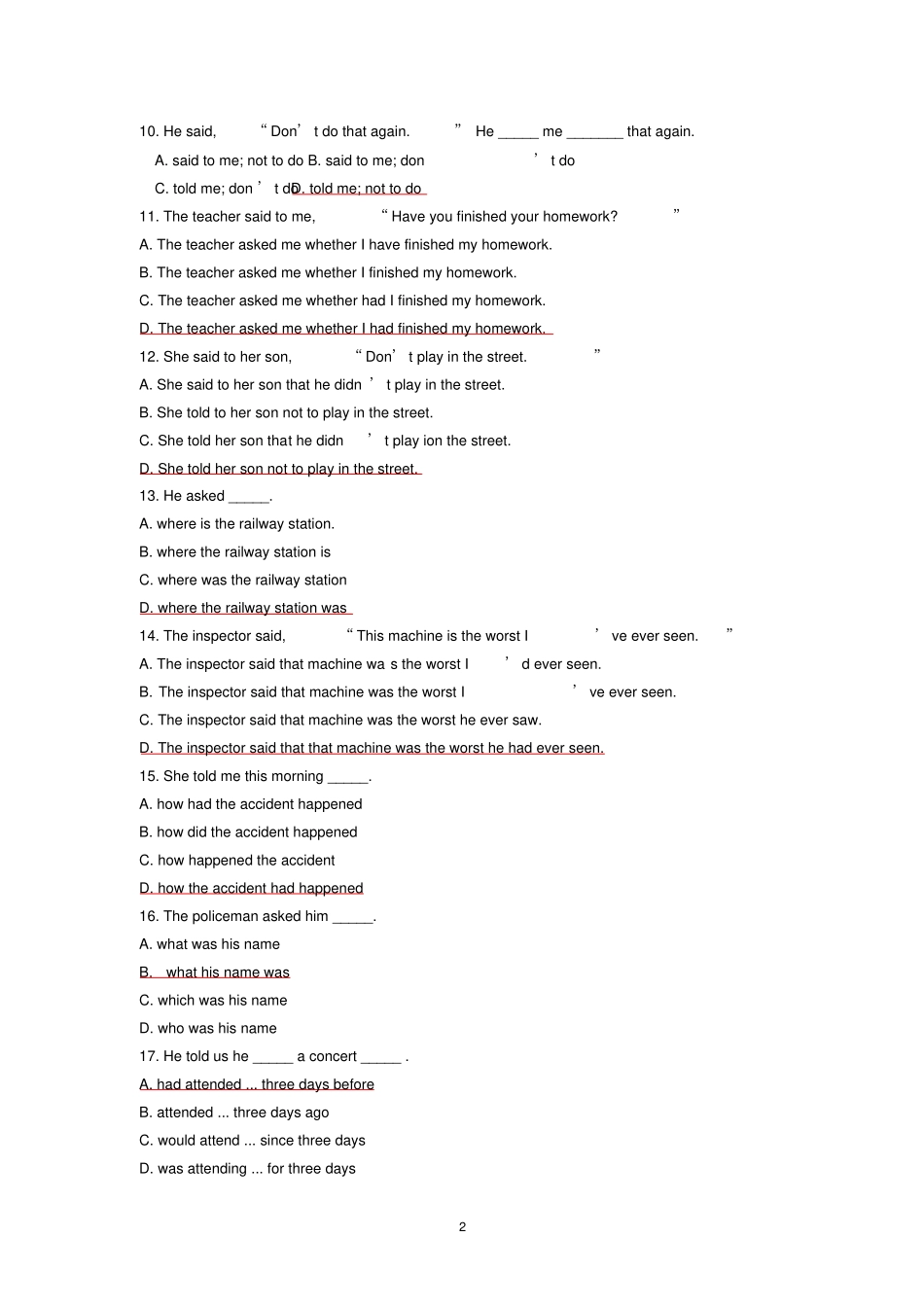 完整高中英语直接引语变间接引语练习题答案_第2页