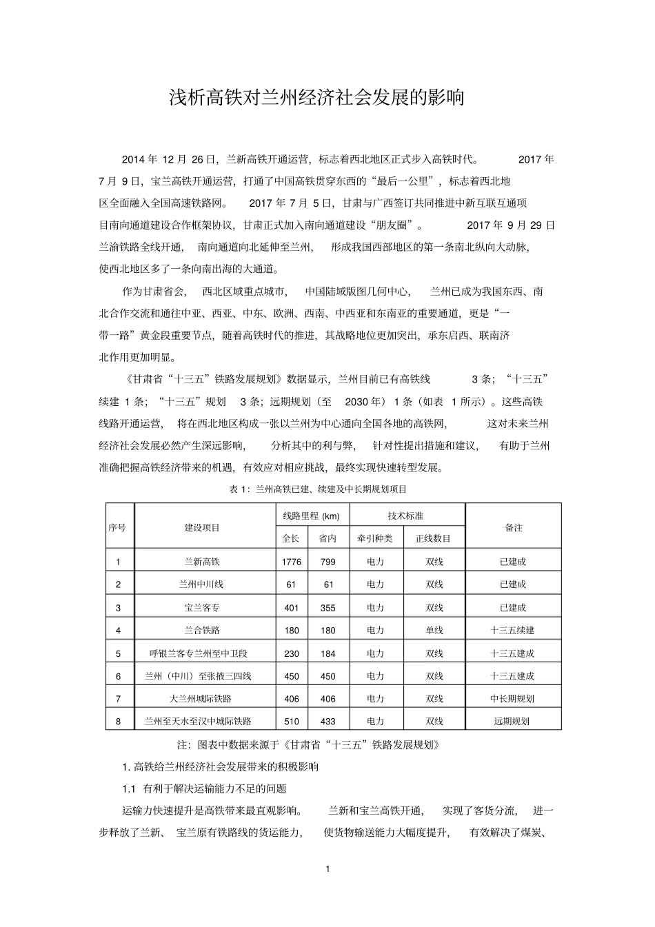 完整高铁对兰州经济发展影响及对策浅析_第1页