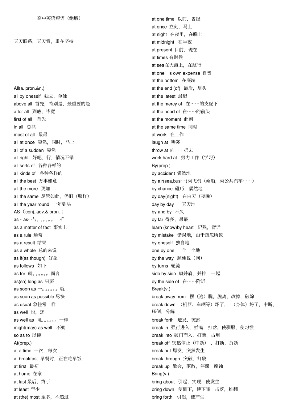 完美版高中英语常用短语大全_第1页