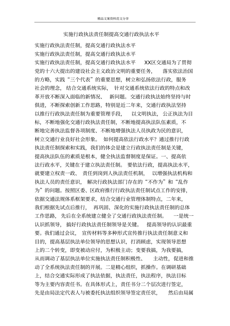 实施行政执法责任制提高交通行政执法水平-精品文案范文_第1页