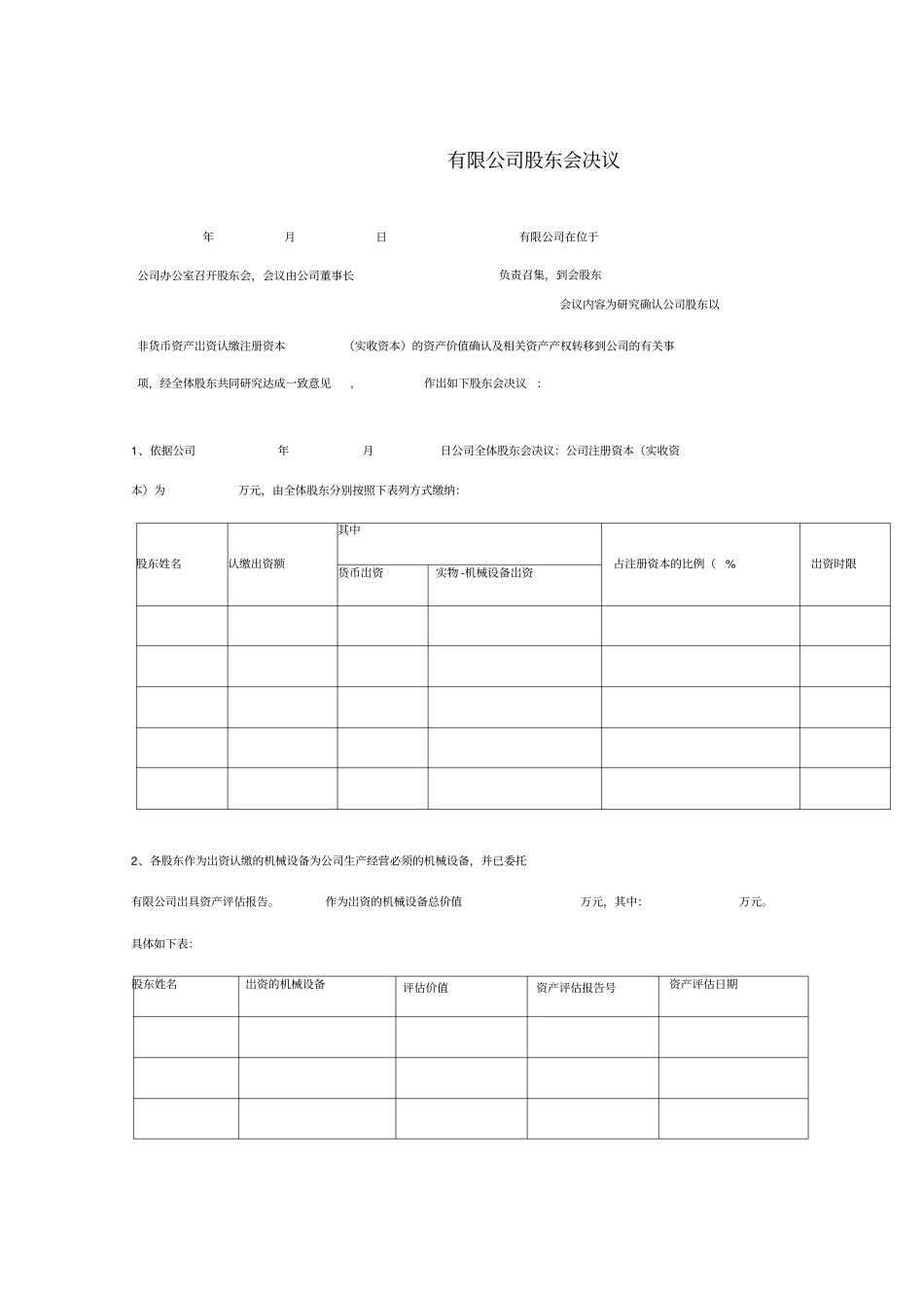实物出资的公司股东会决议模板_第1页