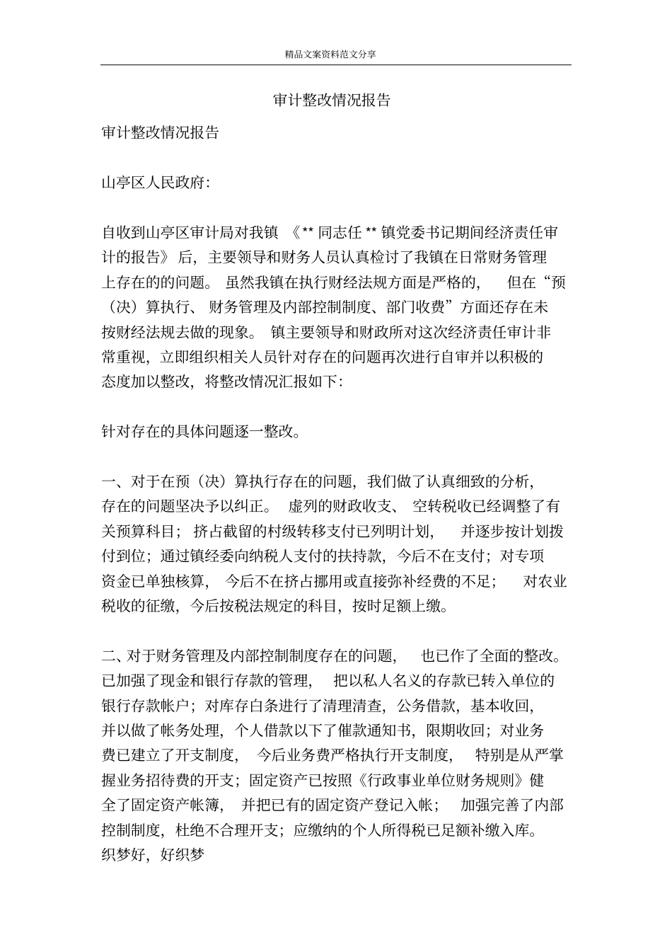审计整改情况报告-精品文案范文_第1页